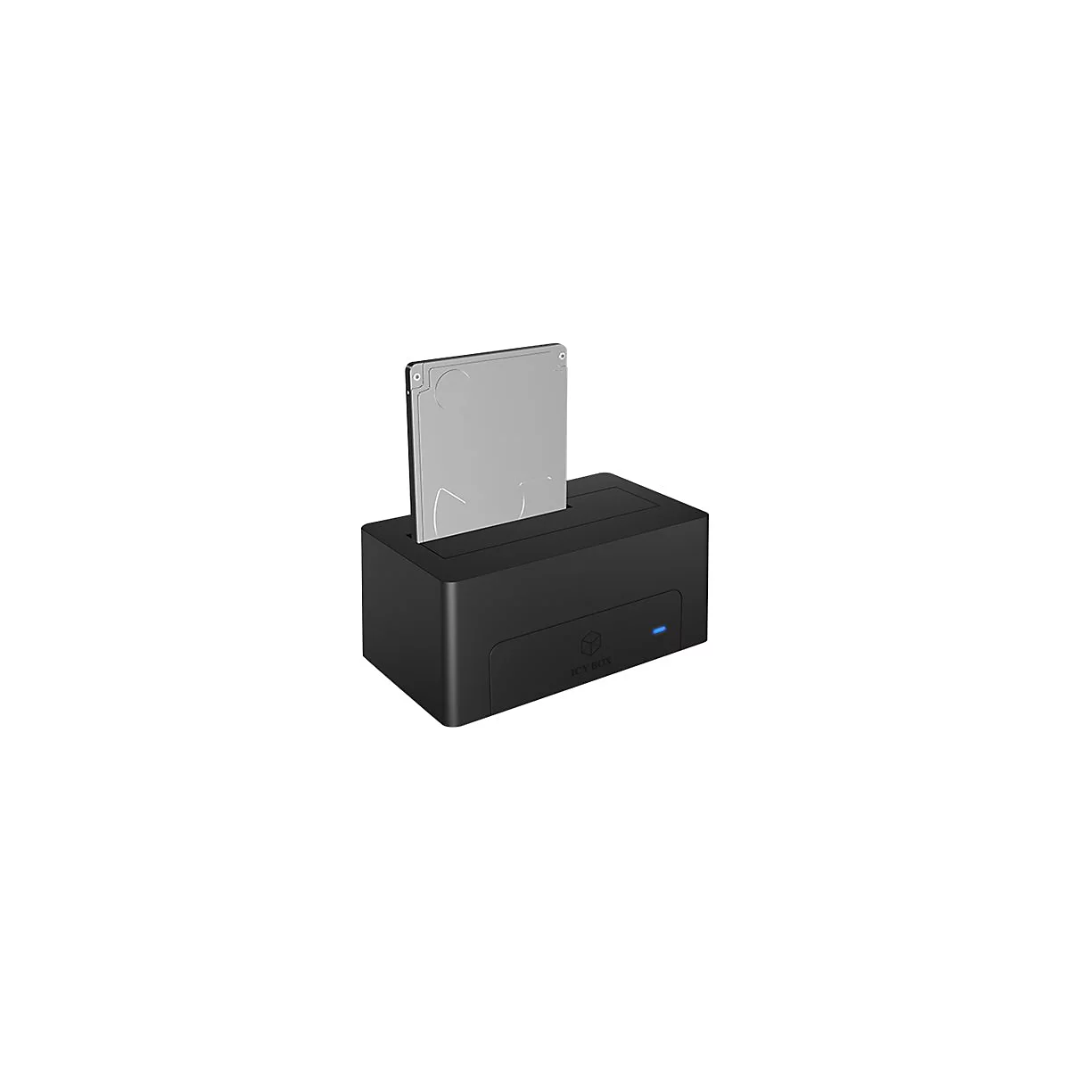 Schwarze Festplatten-Dockingstation mit eingelegter SSD-Festplatte. Auf der Vorderseite ein blaues Licht und ein Markenlogo.
