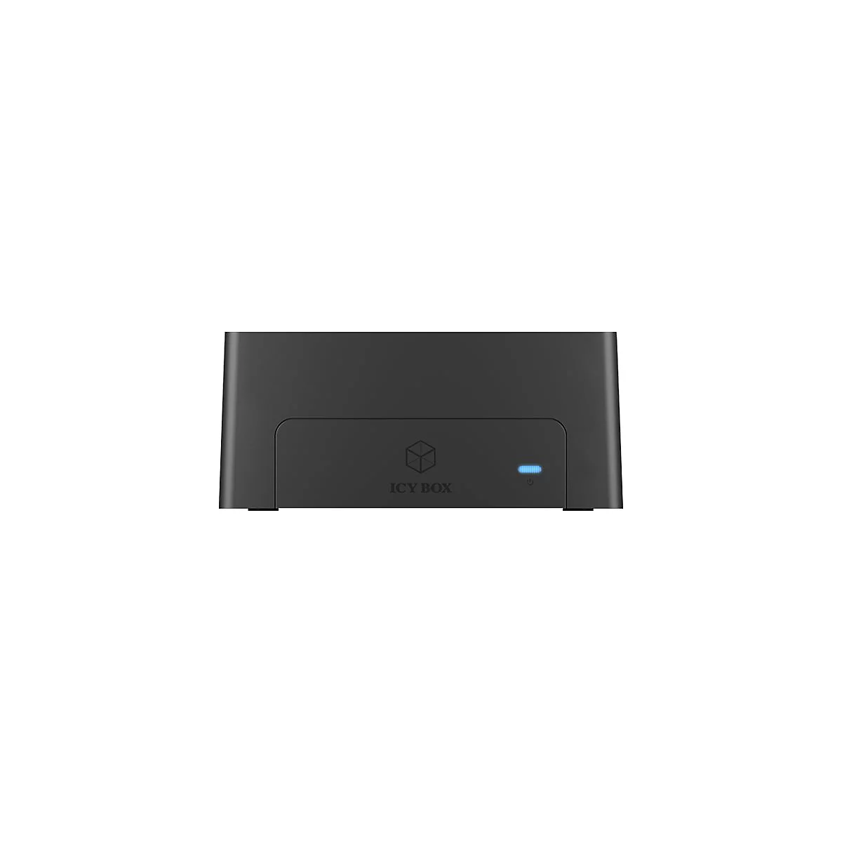 Schwarze, rechteckige Icy Box mit Logo und blauem Licht.
