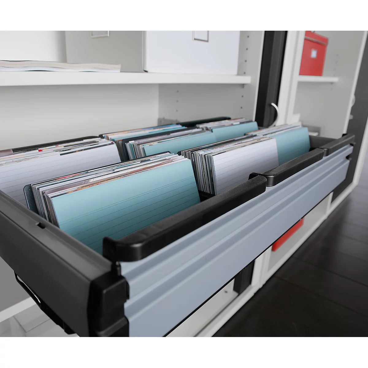 Railsysteem voor hangmappen, voor roldeurkast, voor 800 mm breedte