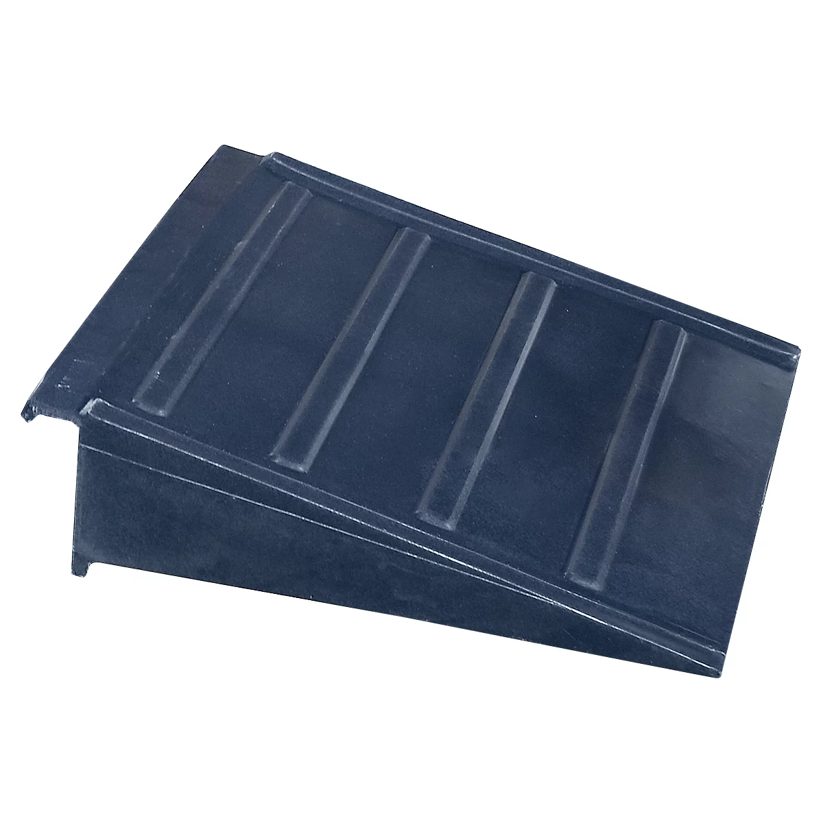 Dark blue wheelchair ramp with a ribbed surface.