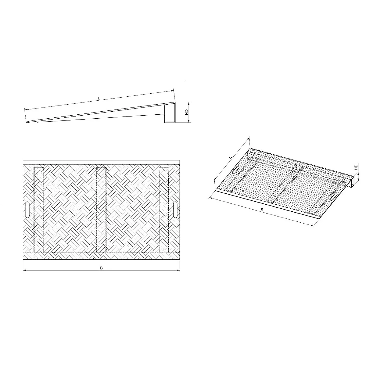 Dessin technique d'une rampe avec dimensions et détails. Vue de dessus, vue de côté et vue en perspective.