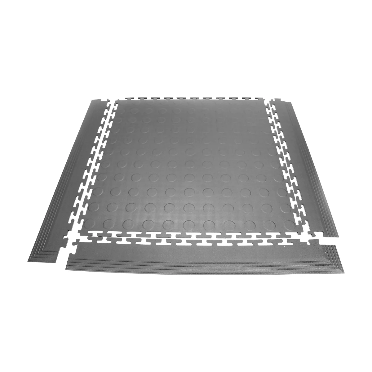 Graue Puzzlematte mit Verbindungsstücken und abgerundeten Kreisen. Die Ränder sind mit weißen Verbindungsstücken versehen.
