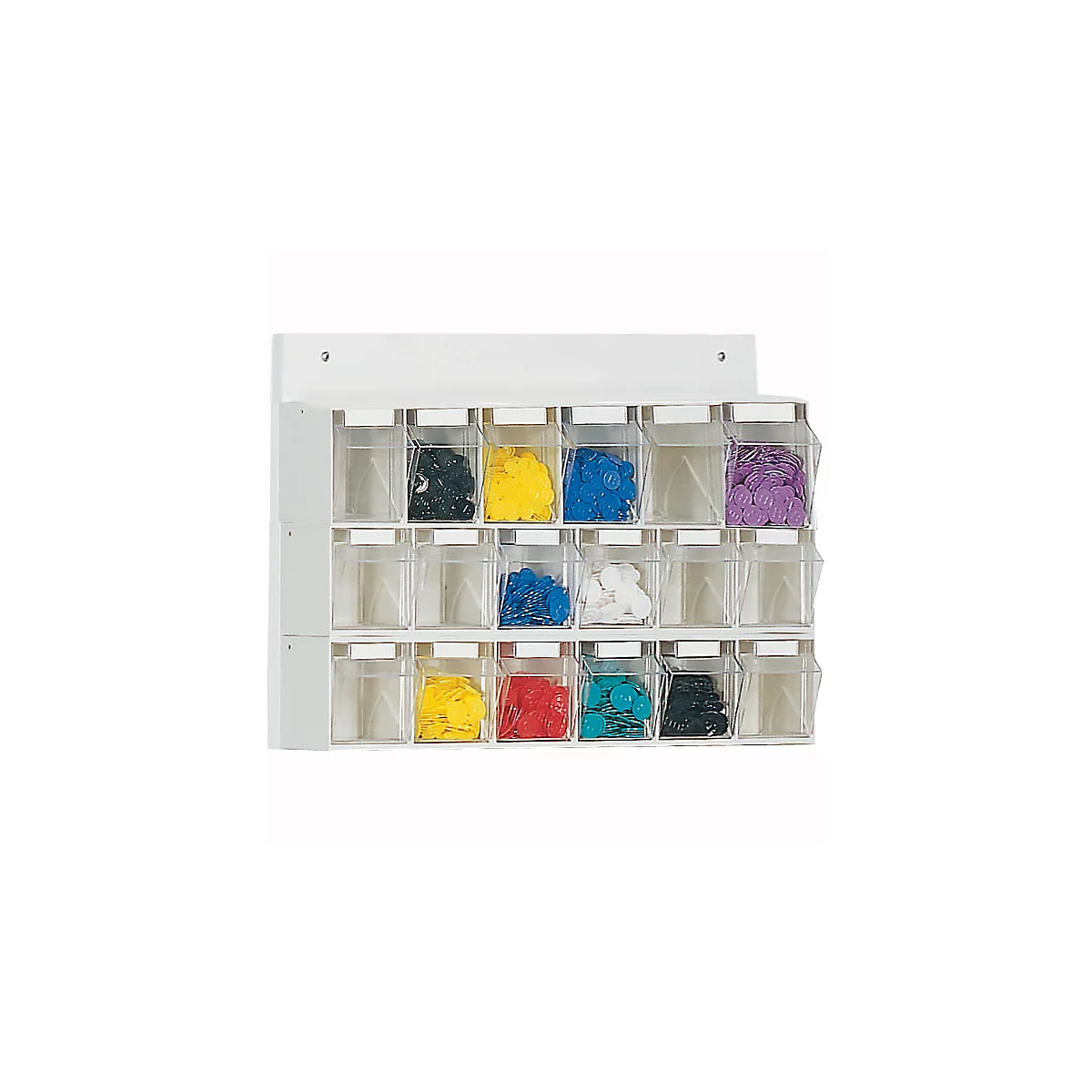 Rangement mural multi-compartiments pour petits objets MultiStore, 18 boîtes de rangement, volume 4,7 l, L 600 x P 108 x H 410 mm, panneau de bois et polystyrène