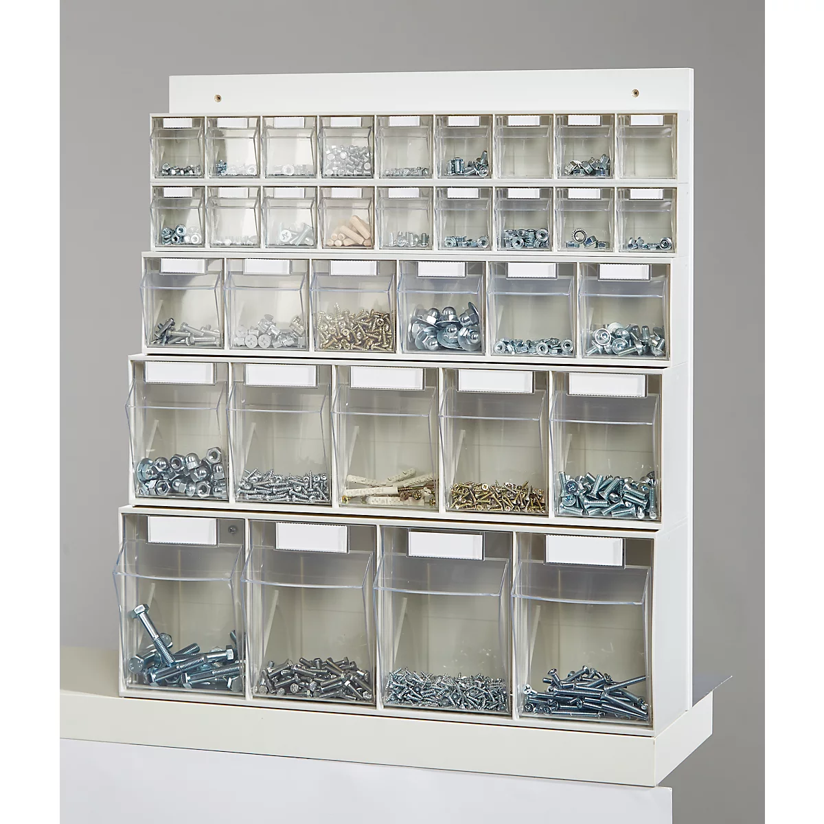 Rangement mural multi-compartiments pour petits objets MultiStore, 33 boîtes de rangement, volume 76 l, L 600 x P 185 x H 684 mm, panneau de bois et polystyrène