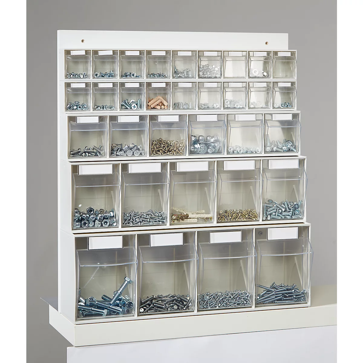 Rangement mural multi-compartiments pour petits objets MultiStore, 33 boîtes de rangement, volume 76 l, L 600 x P 185 x H 684 mm, panneau de bois et polystyrène