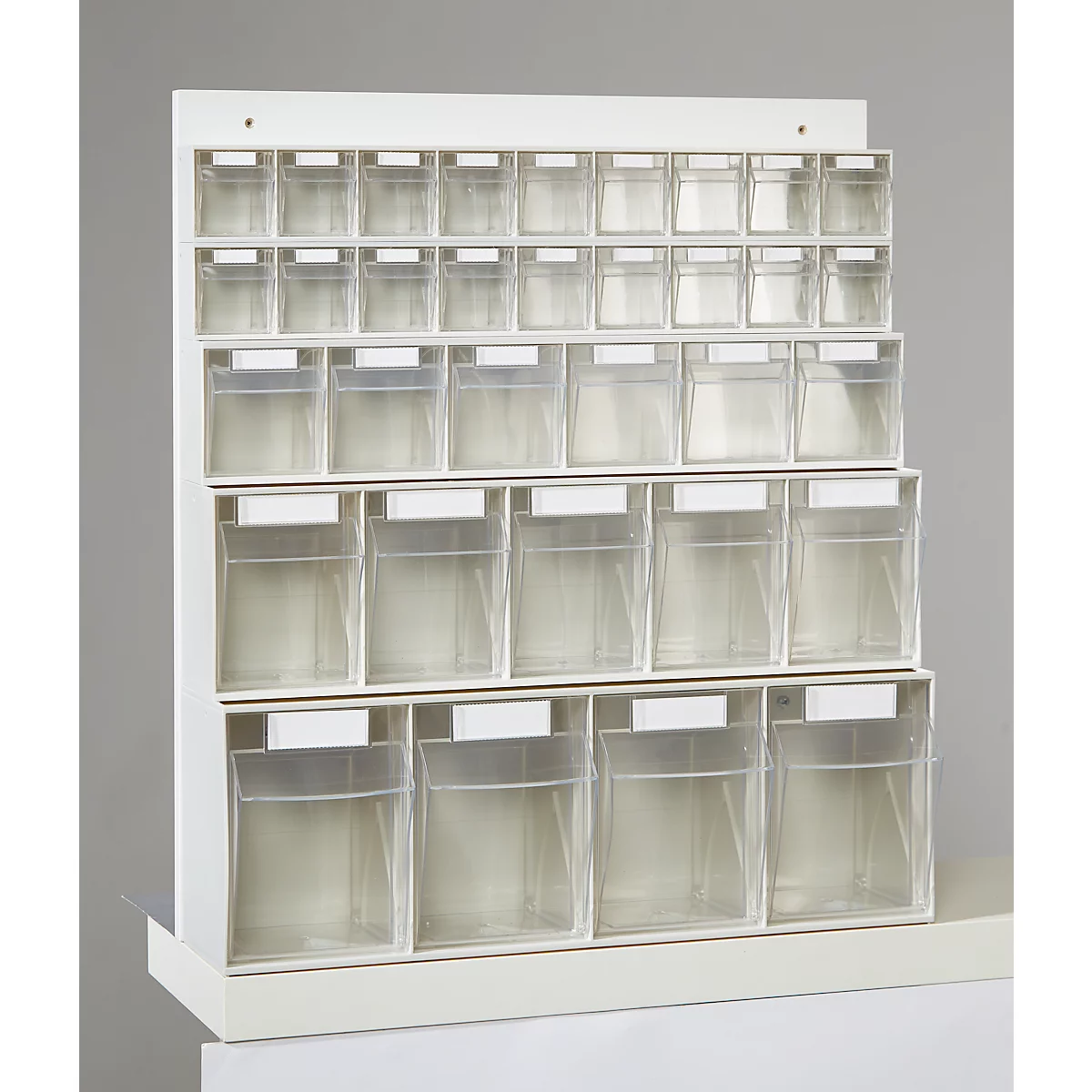 Rangement mural multi-compartiments pour petits objets MultiStore, 33 boîtes de rangement, volume 76 l, L 600 x P 185 x H 684 mm, panneau de bois et polystyrène