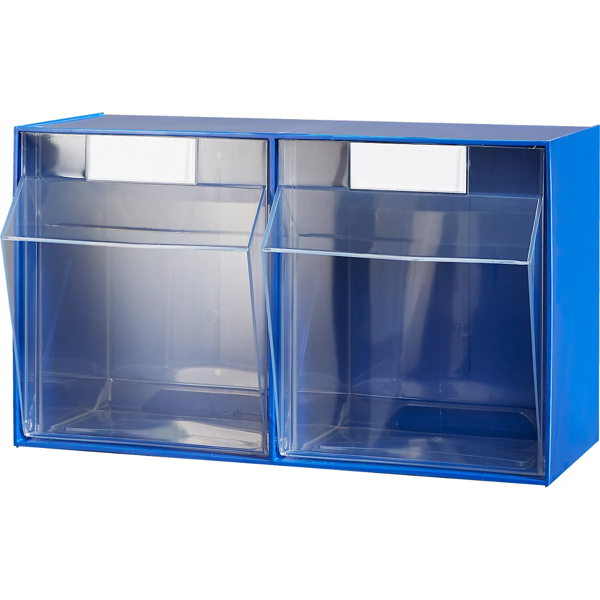 Boîte murale en plastique bleu à deux compartiments avec rabats transparents.