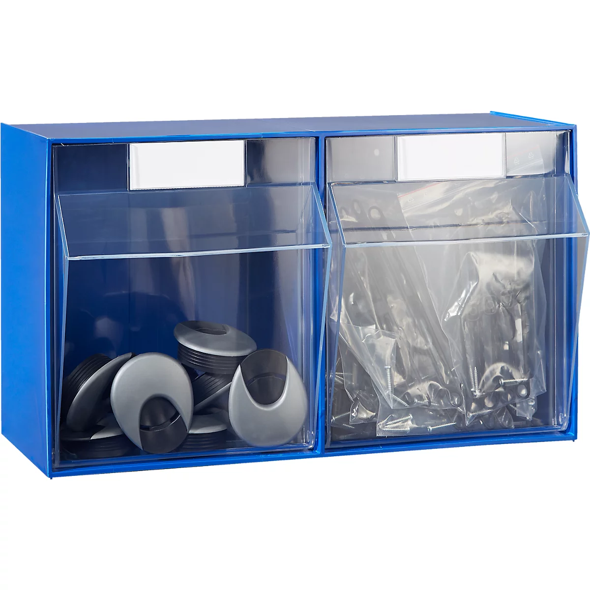 Boîte murale bleue avec deux compartiments, remplie d'accessoires dans des conteneurs transparents.