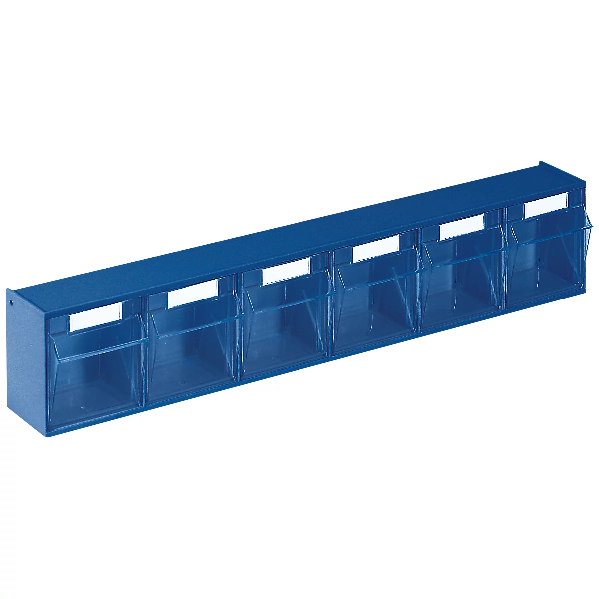 Étagère murale bleue avec sept compartiments. Boîtes en plastique transparent avec découpes insérées. Une bande blanche est au-dessus de chaque compartiment.