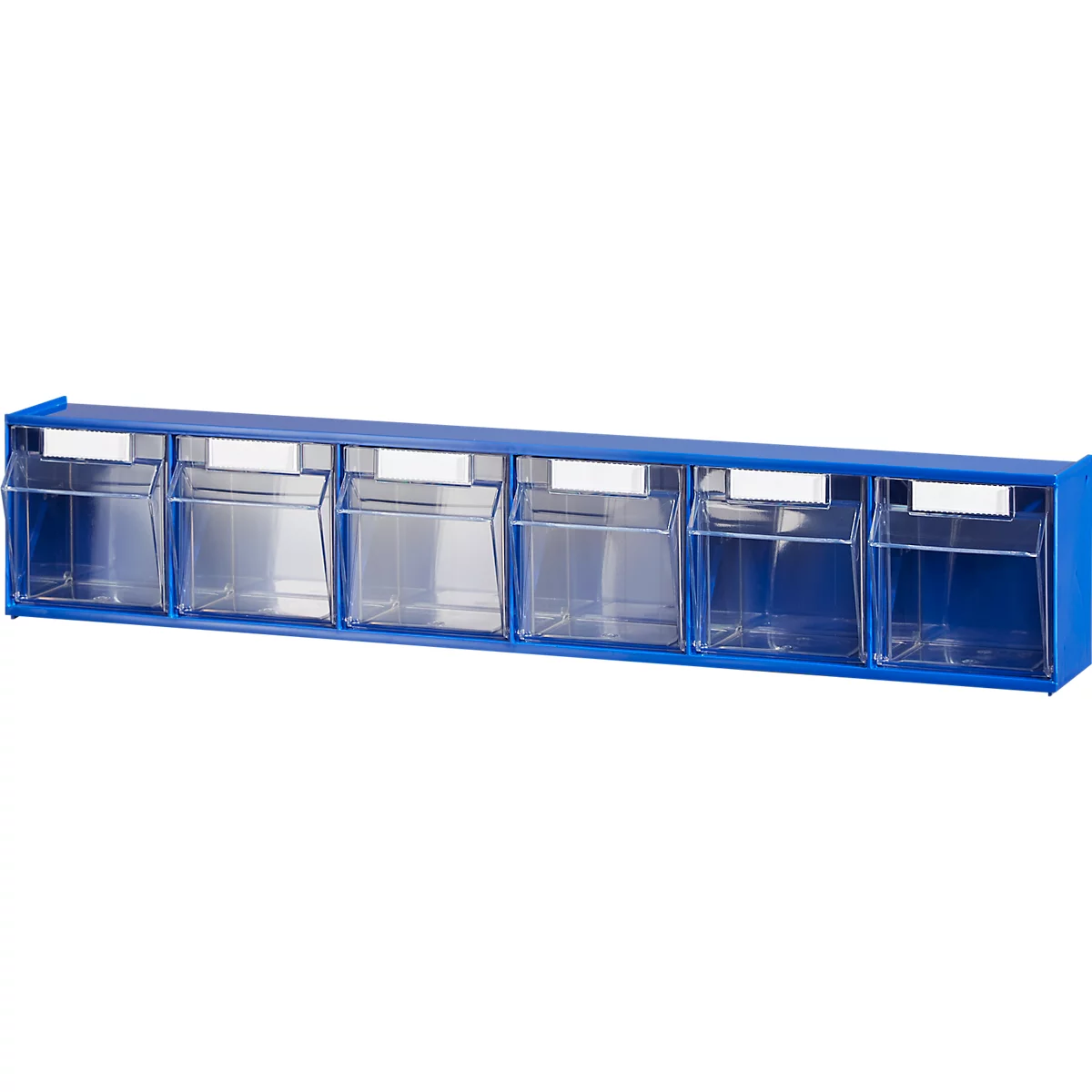 Étagère murale bleue avec six compartiments transparents.