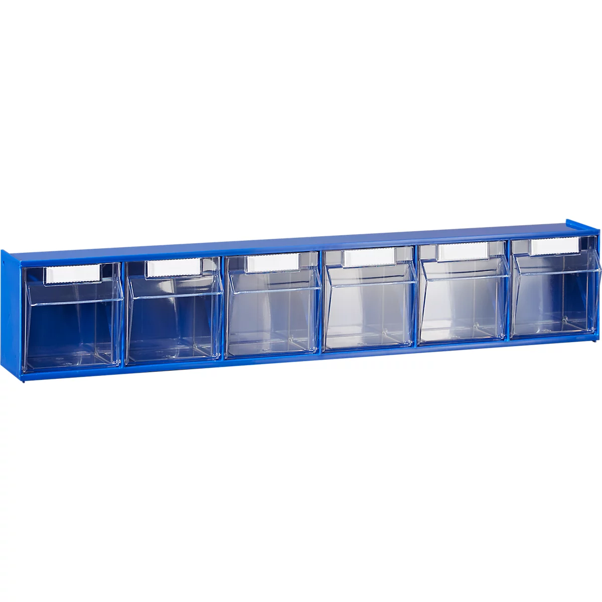 Étagère murale bleue avec 6 compartiments transparents.