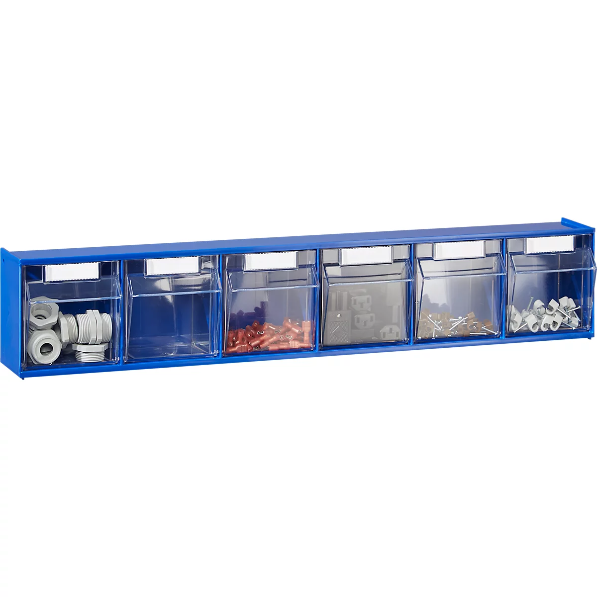 Étagère bleue avec six tiroirs transparents, remplis de petites pièces, vis, câbles et plus encore.