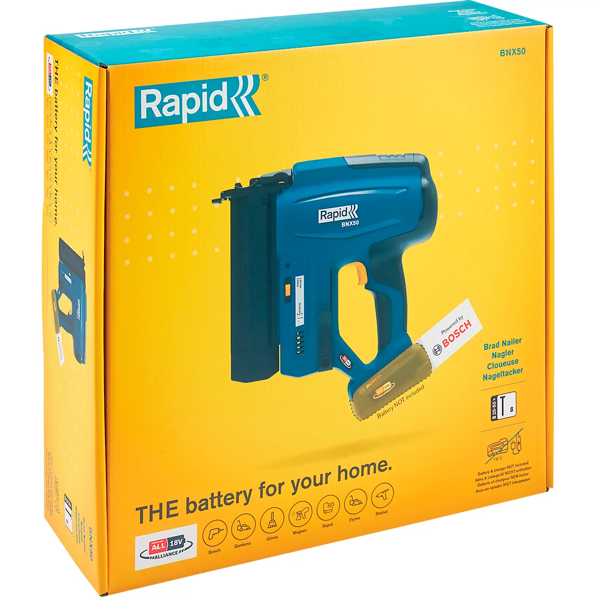 Rapid BNX50 Akku-Nagler, LED-Arbeitsleuchte, Einzel- oder Kontaktauslösung, Nageltiefenregulierung, ohne Akku
