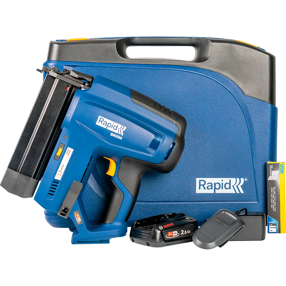 Rapid BNX50 Akku-Nagler Set, LED-Arbeitsleuchte, Einzel- oder Kontaktauslösung, Nageltiefenregulierung, inkl. Bosch Akku