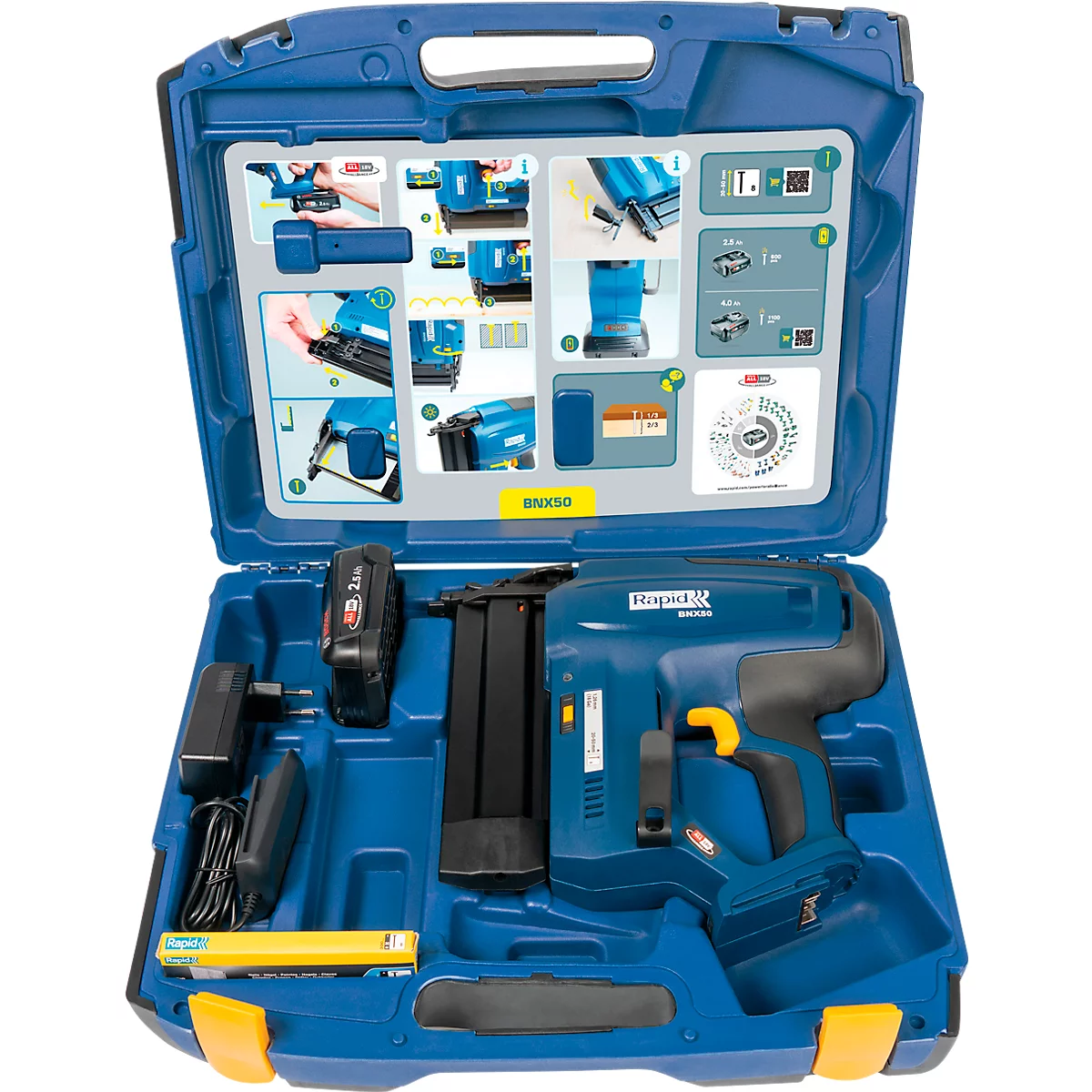 Rapid BNX50 Akku-Nagler Set, LED-Arbeitsleuchte, Einzel- oder Kontaktauslösung, Nageltiefenregulierung, inkl. Bosch Akku