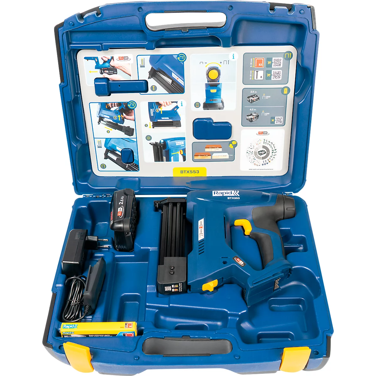 Rapid BTX553 accu tackerset, LCD-display, LED werklamp vooraan, 6-traps aandrijfkracht, incl. Bosch oplaadbare accu