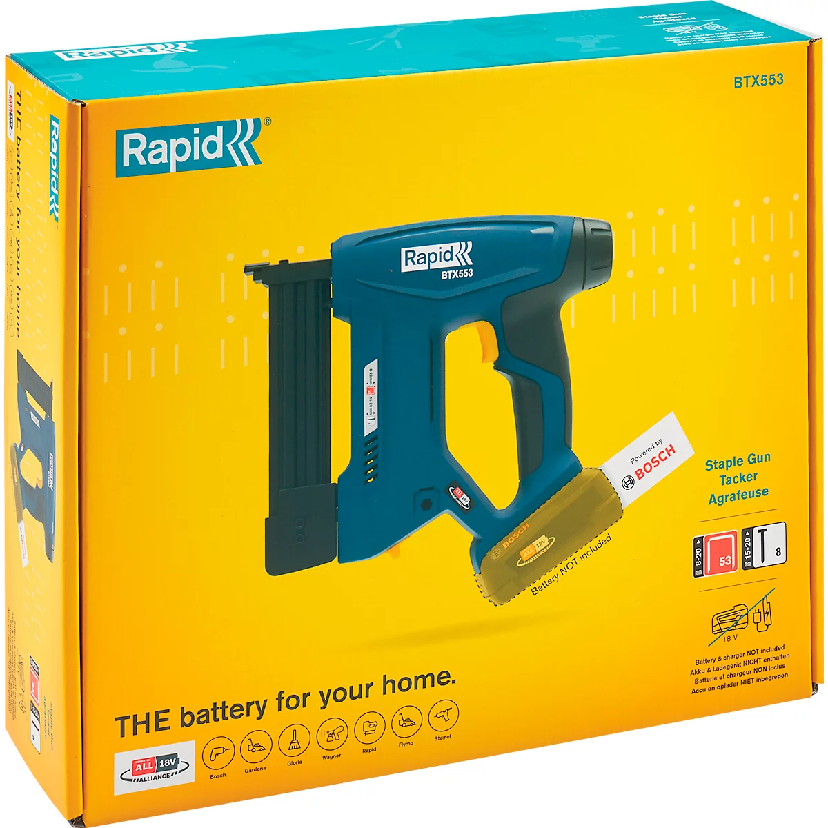 Rapid BTX553 snoerloze tacker, LCD-display, LED-werklamp vooraan, 6-traps aandrijfkracht, zonder oplaadbare batterij