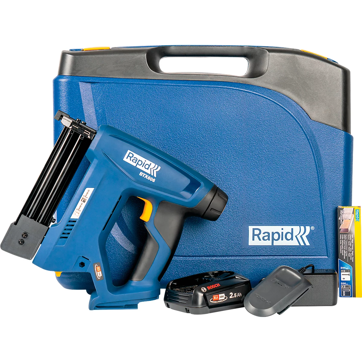 Rapid BTX606 accu tackerset, LCD-display, LED werklamp vooraan, 6-traps aandrijfkracht, incl. Bosch oplaadbare accu