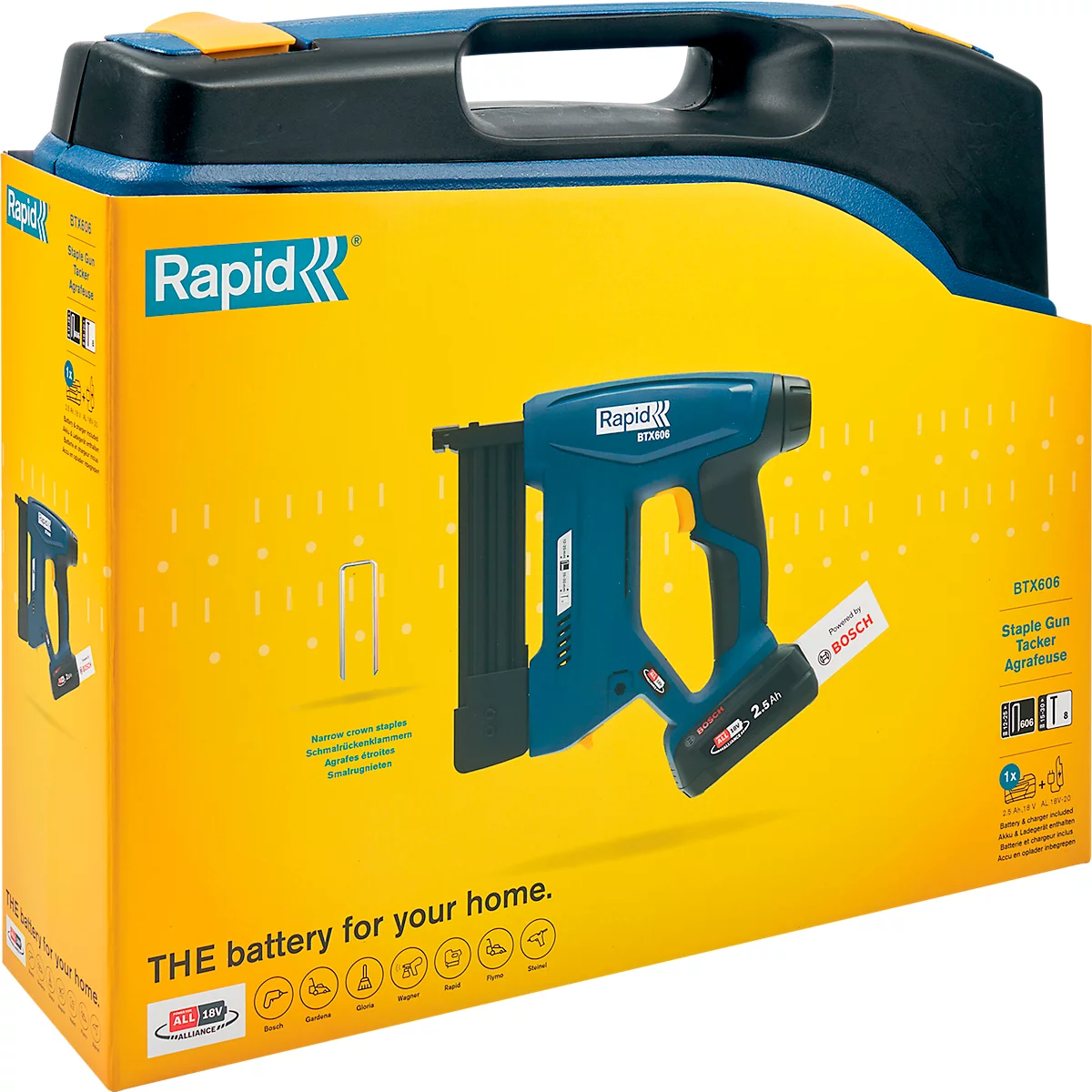 Rapid BTX606 accu tackerset, LCD-display, LED werklamp vooraan, 6-traps aandrijfkracht, incl. Bosch oplaadbare accu