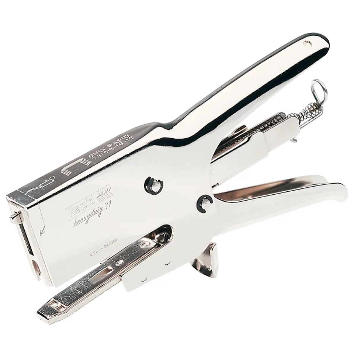 Clear silver stapler on white background. The handle is folded up.