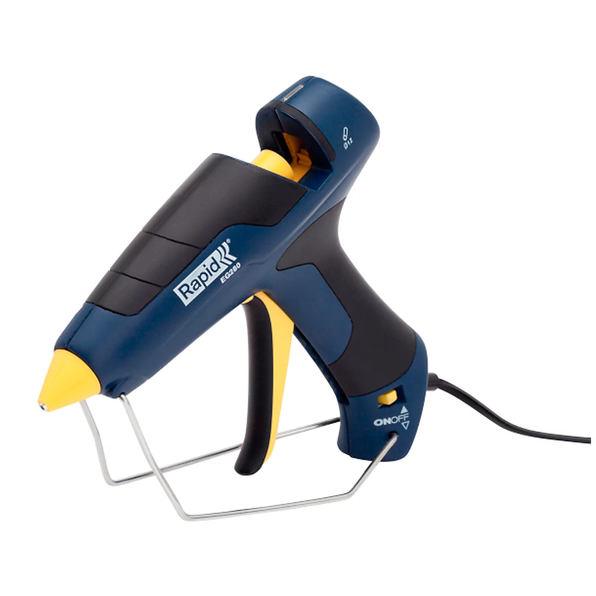A blue hot glue gun on a white background. Yellow accents on the tip, trigger, and inside. The brand name "Rapid" is visible.