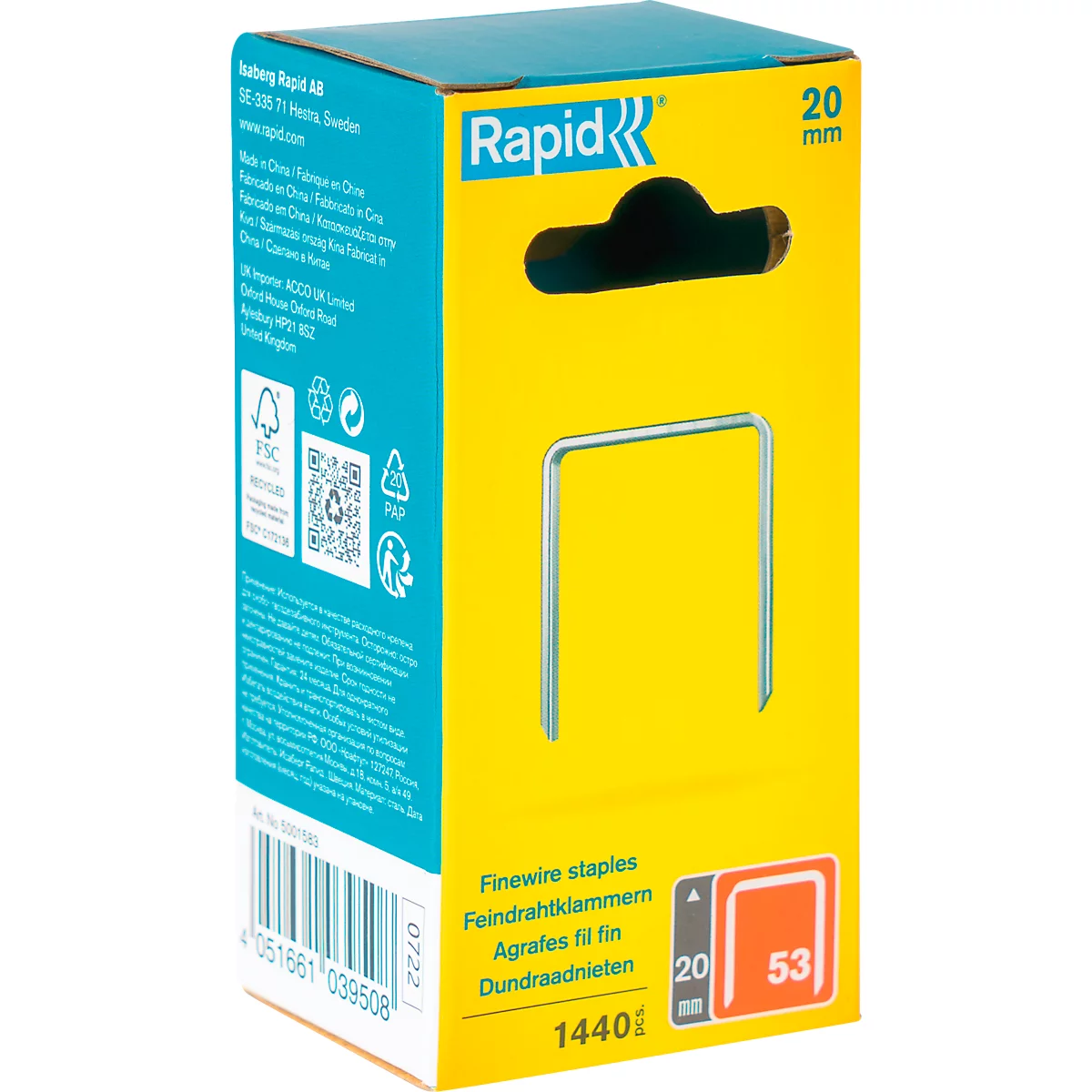 Rapid Feindrahtklammern Typ 53, 20 mm Schenkellänge, galvanisiert, Präzisionsschnitt, 1440 Stück