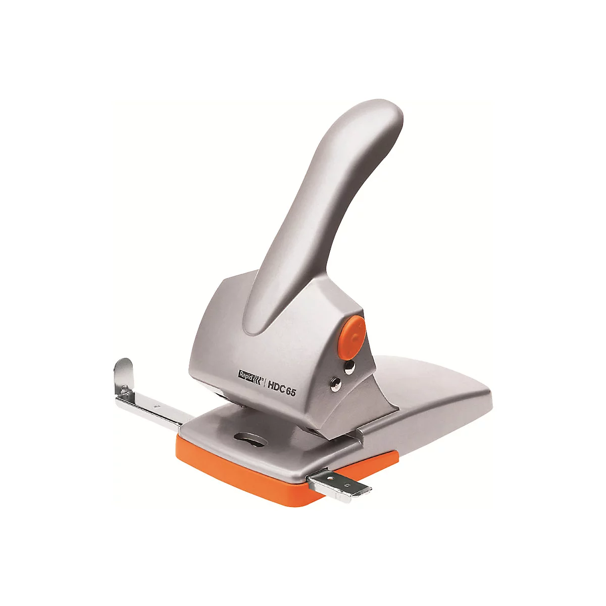 Perforateur gris avec des accents orange, une poignée et des boutons. Inscription : Rapid HDC 65.