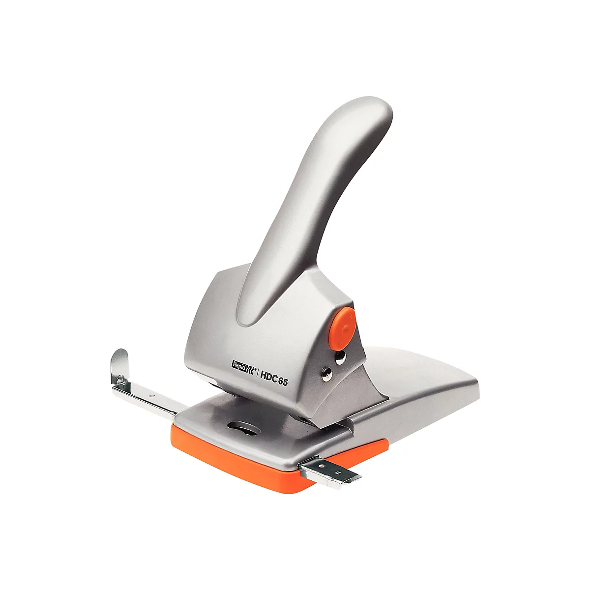 Perforatrice argentée avec des accents orange sur fond blanc. La perforatrice a une poignée ergonomique et une butée réglable.