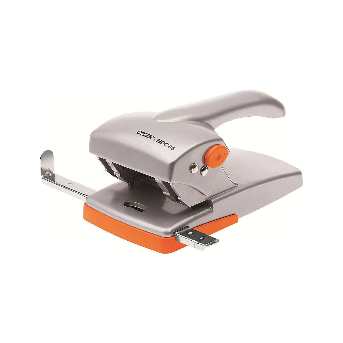 Grauer Locher mit orangefarbenen Akzenten, Griff und Basis. Schriftzug Rapid HDC 65.