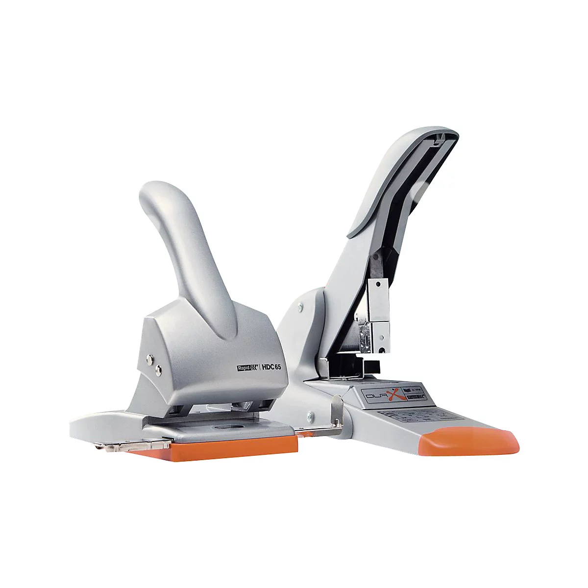 Zwei silberne Locher mit orangefarbenen Akzenten, vor weißem Hintergrund. Einer hat einen längeren Hebel.