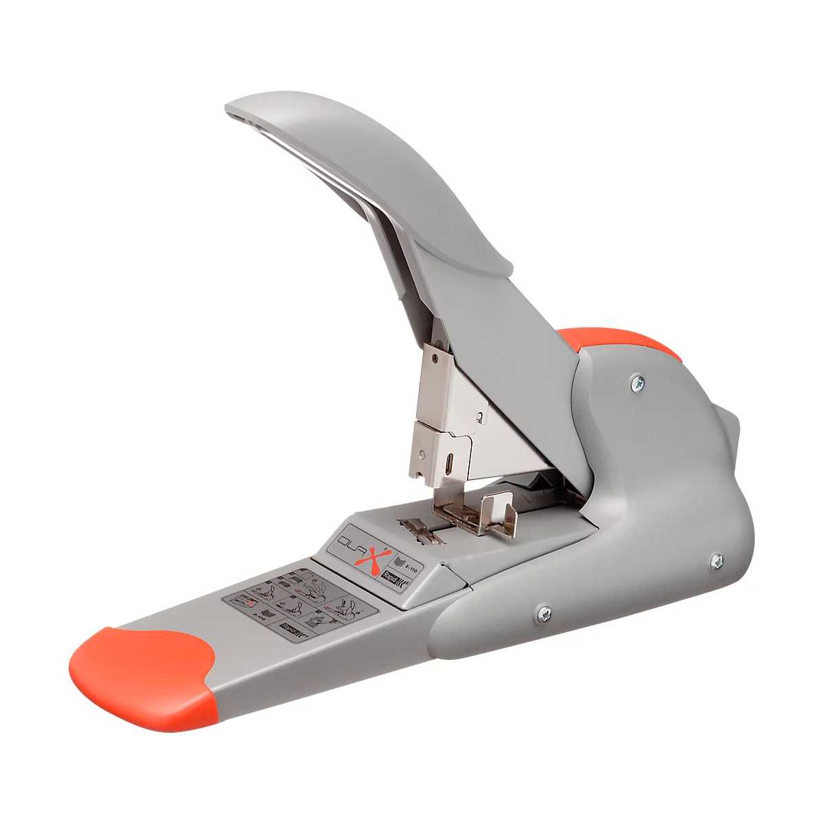Gray stapler, orange accents, lever raised. Imprint "CURA X".