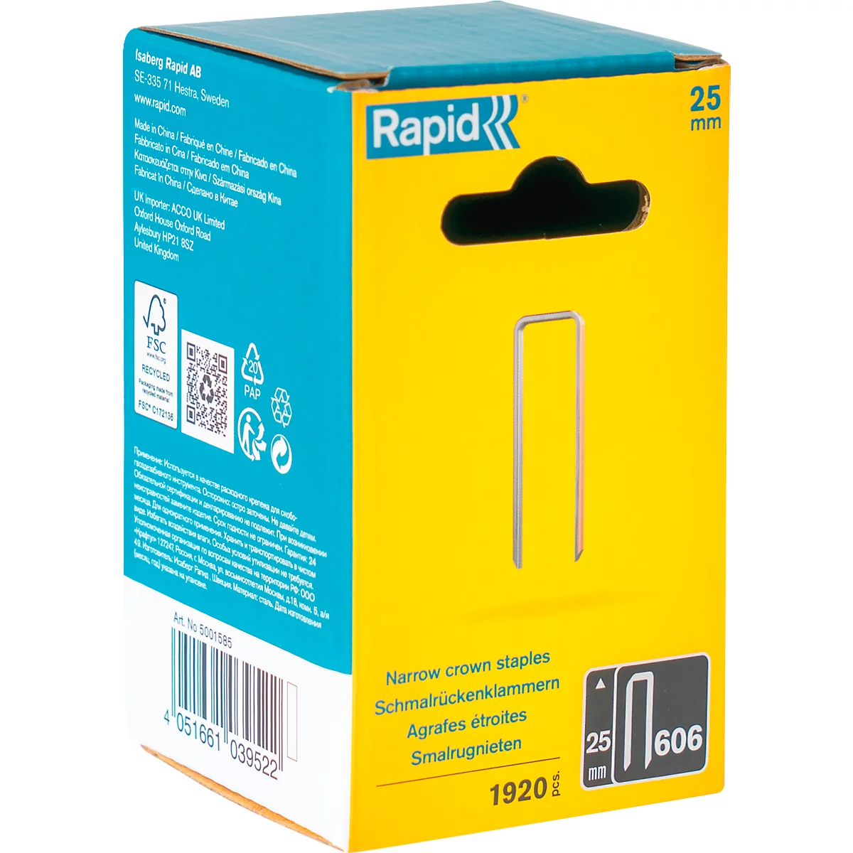 Yellow box with staples, 'Rapid' logo and product information.