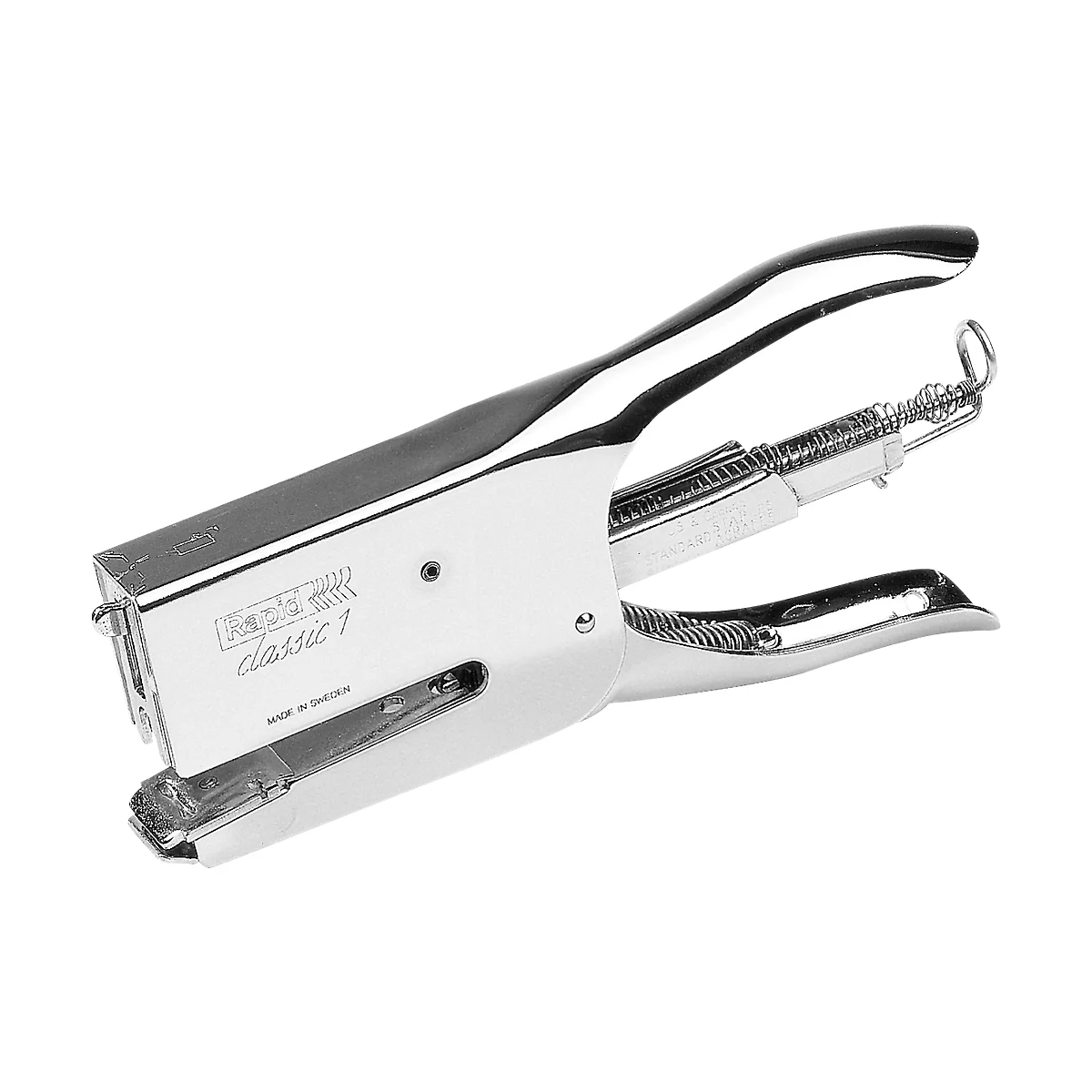 Silver stapler, 'Rapid' Classic 1, MADE IN SWEDEN, shown in detail.