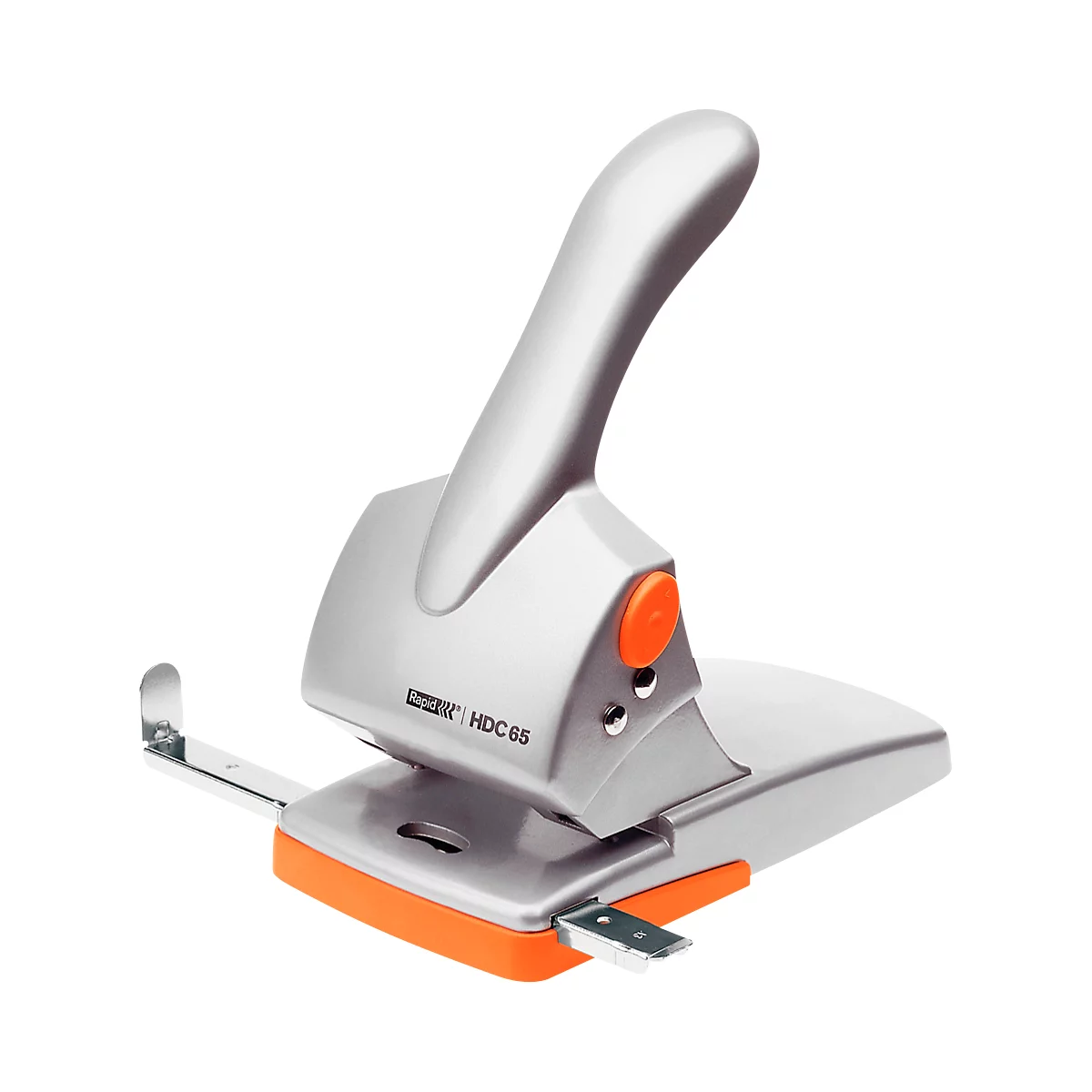 Grey and orange hole punch with handle. Inscription: HDC 65.