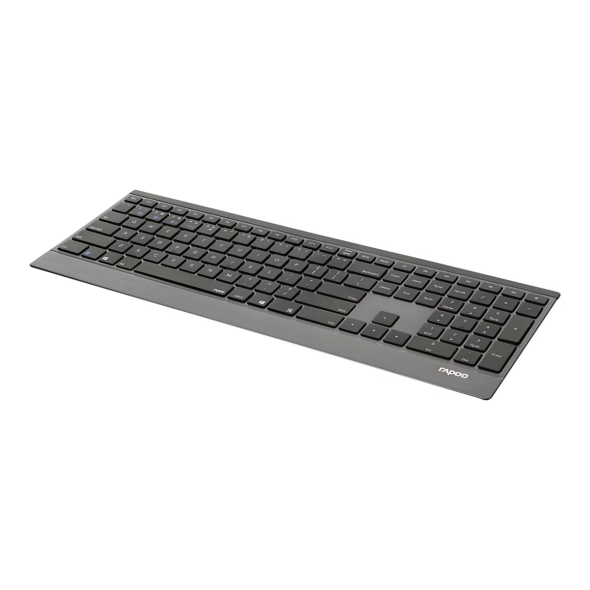 Ein graues Rapoo-Keyboard mit schwarzen Tasten auf weißem Hintergrund.