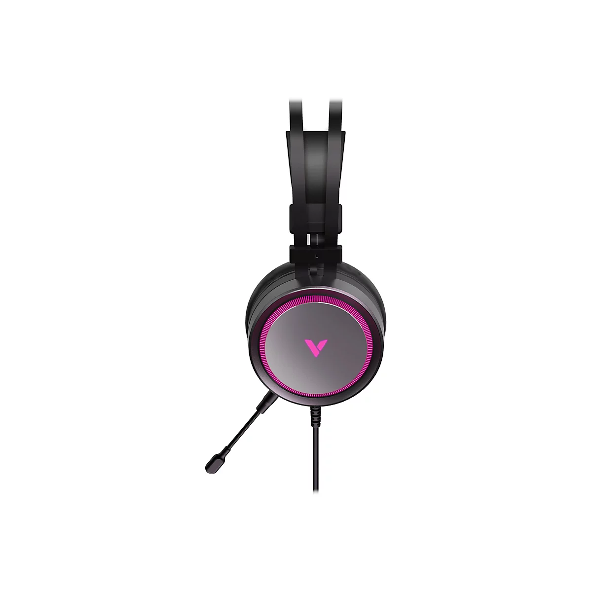 Schwarzes Gaming-Headset, rosa Akzente, Mikrofon und Kabel.