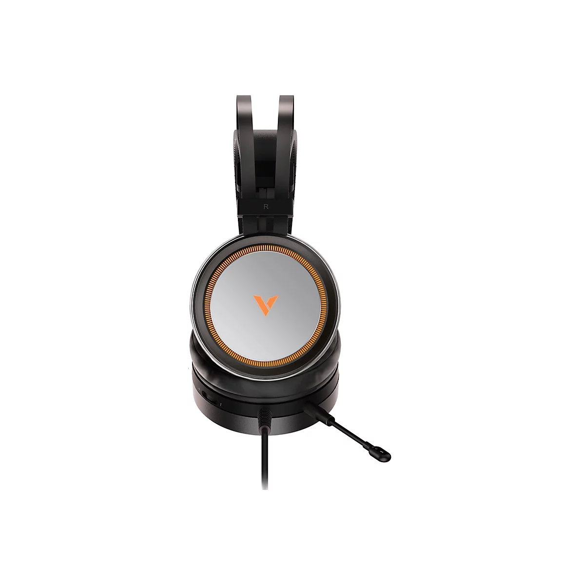 Schwarzes Gaming-Headset mit orangefarbenem Akzent und Mikrofon vor weiÃŸem Hintergrund.