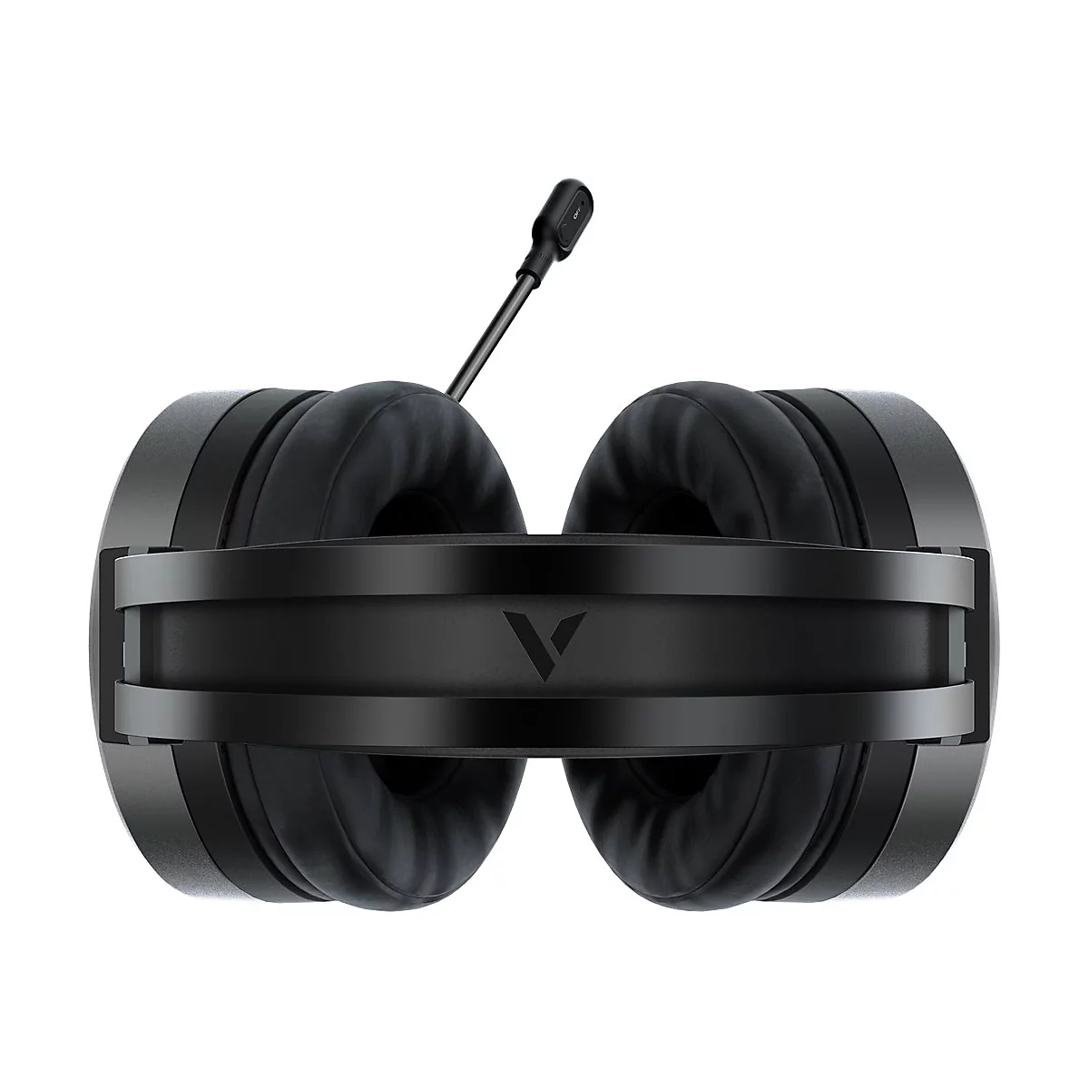 Schwarzes Headset mit Mikrofon, Ansicht von oben. Auf dem Kopfband befindet sich ein V-Logo.