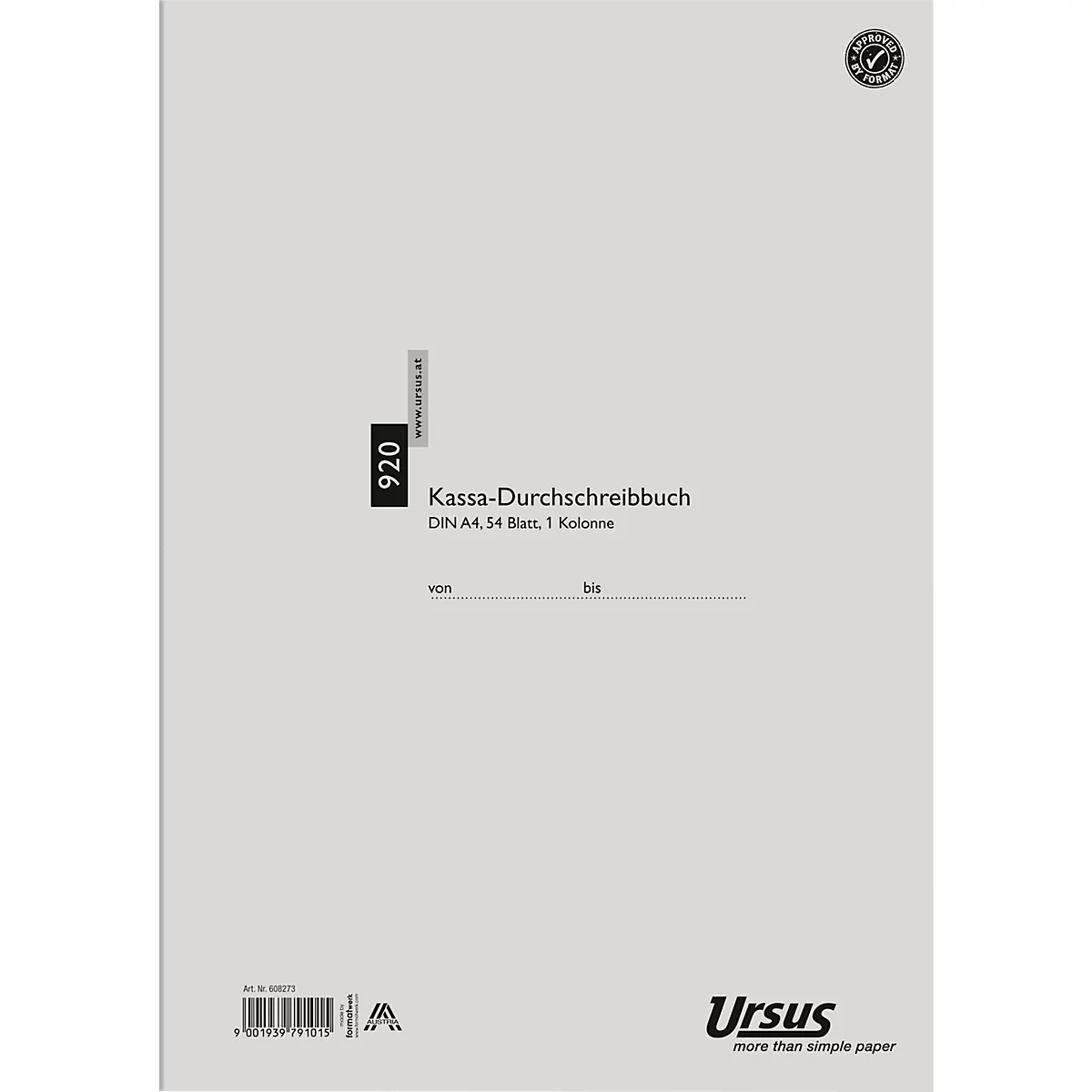 Livre de caisse gris avec texte noir. "920" est en haut à gauche. Le logo Ursus est en bas à droite.