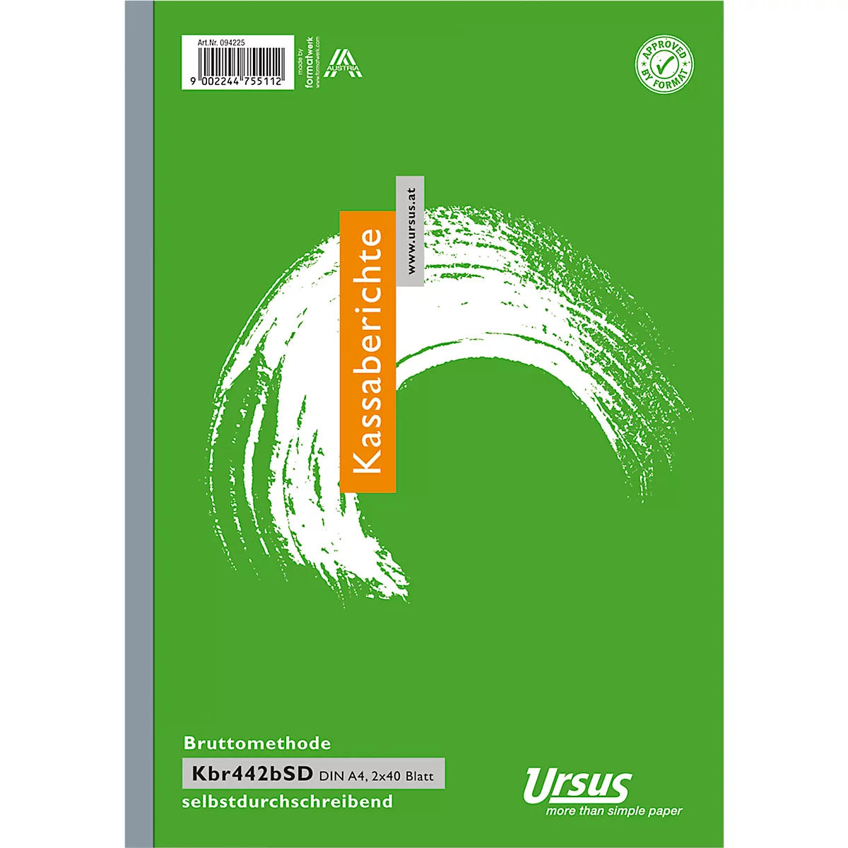 Cahier vert avec coup de pinceau blanc, étiquette "Kassaberichte", police noire. Logo Ursus en bas à droite.