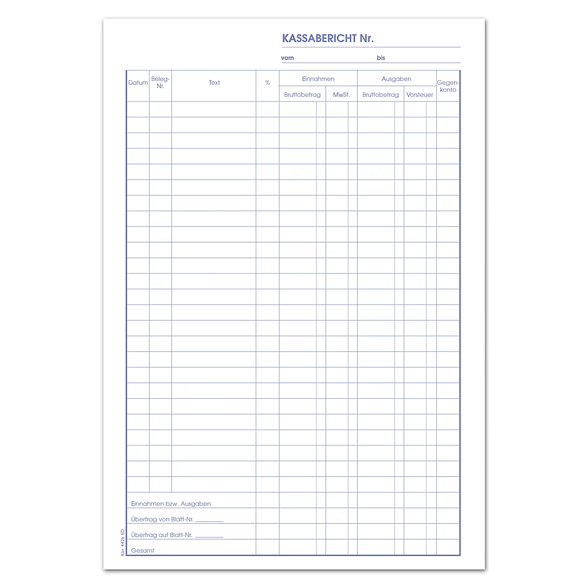 Formulaire de rapport de caisse ligné, bordé de bleu, avec des titres tels que "Rapport de caisse n°" et des titres de tableau.