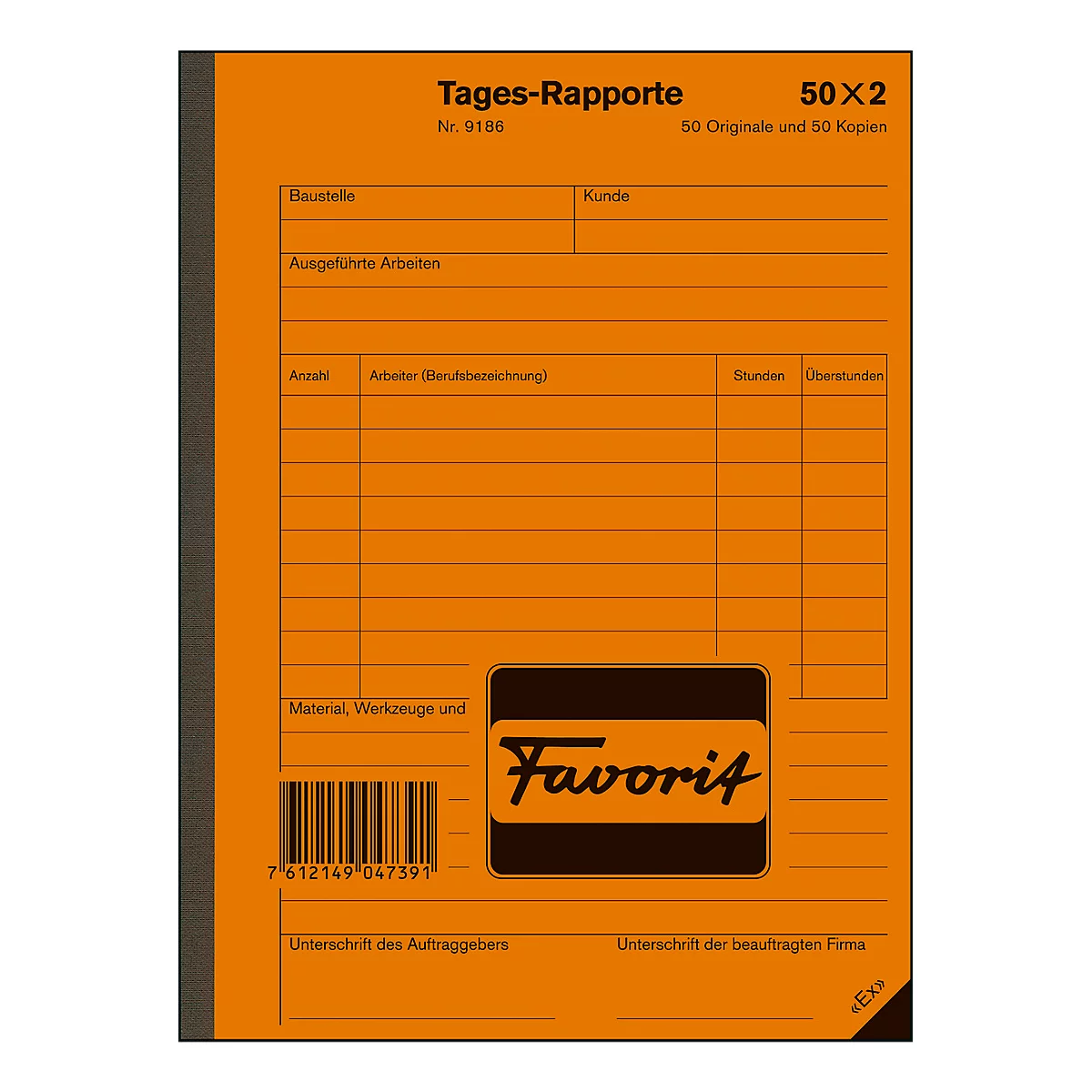Un bloc-notes de rapport journalier orange avec texte noir. Le bloc-notes porte le logo "Favorit" et le titre "Tages-Rapporte".