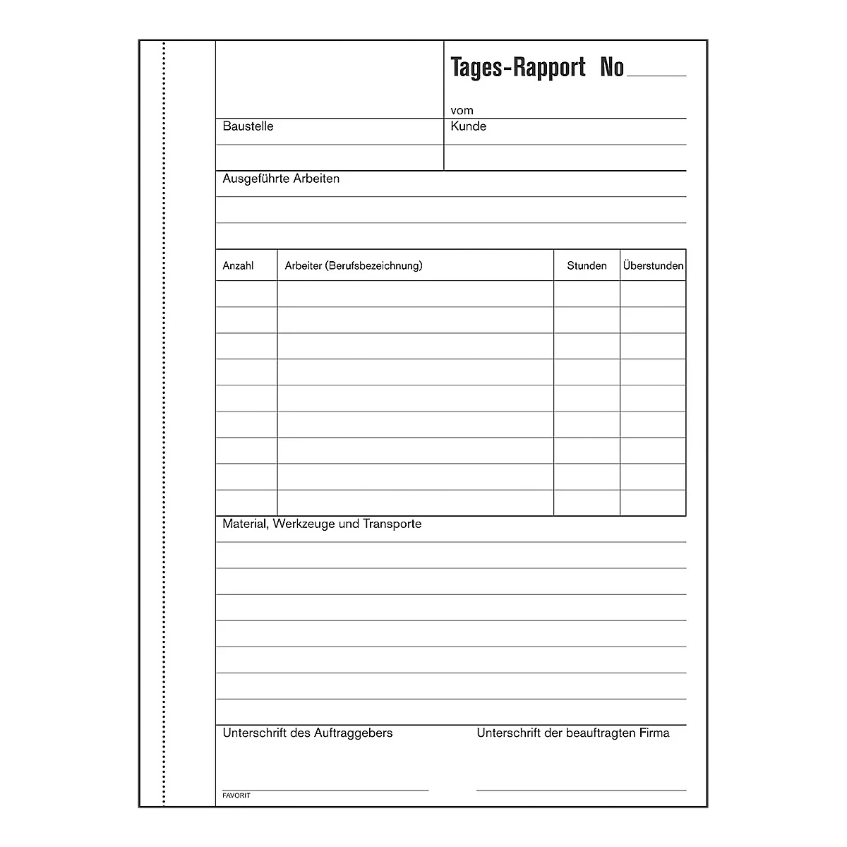 Un formulaire de rapport quotidien blanc avec des lignes et des champs de texte. "Tages-Rapport No" est en haut. Des champs pour le chantier, le client, les travaux effectués, etc. sont présents.
