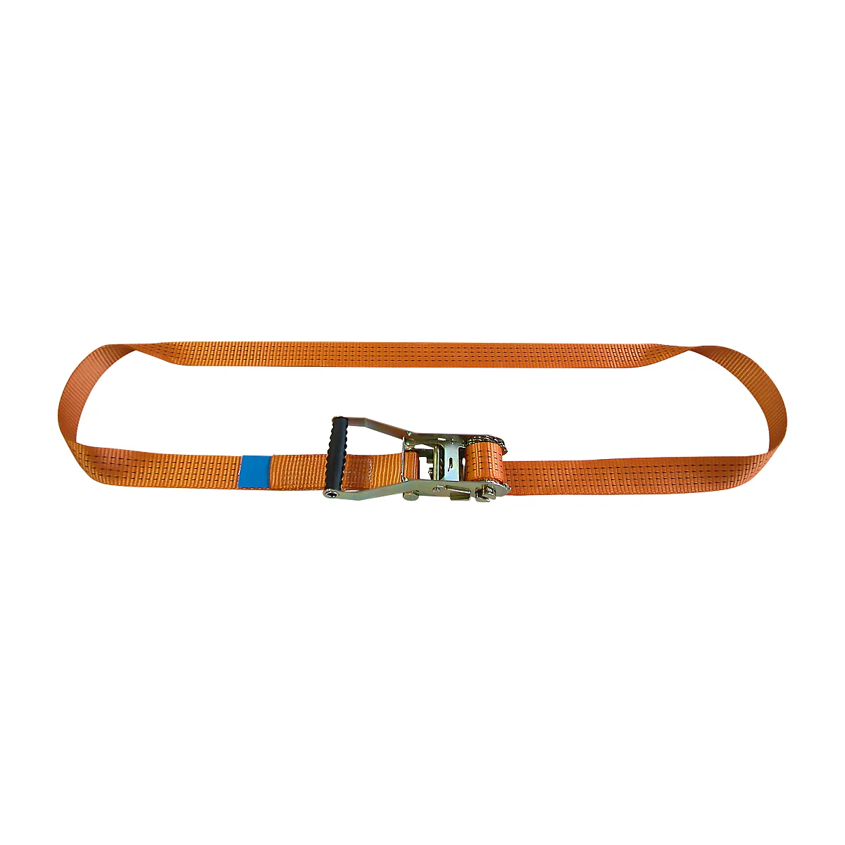 Orange ratchet strap with a blue marking and a black handle, isolated on a white background.