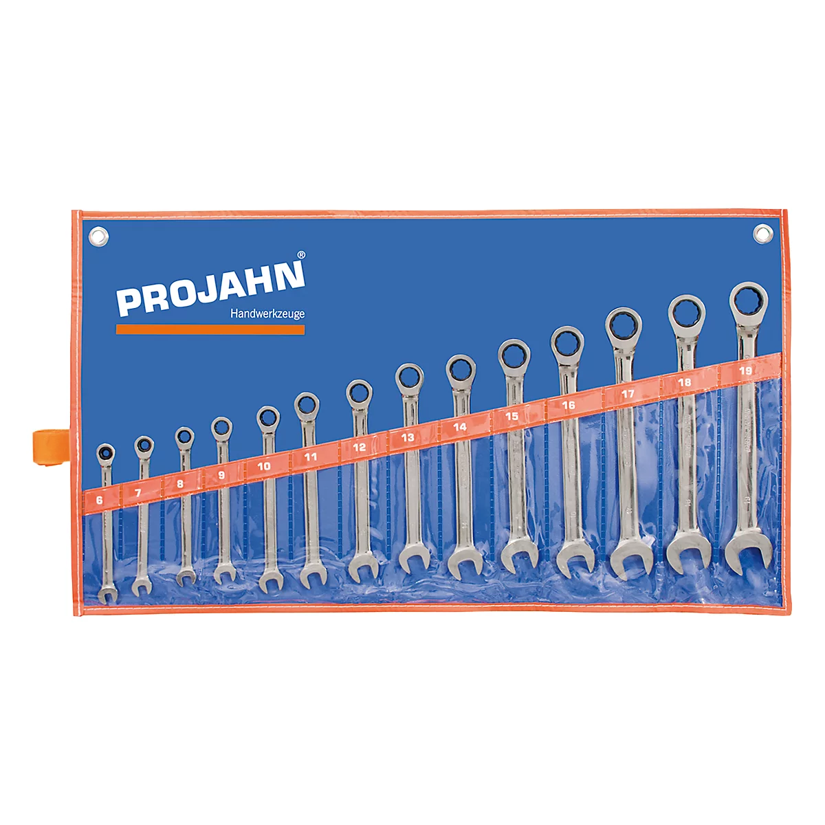 A set of silver wrenches in a blue case with orange accents.