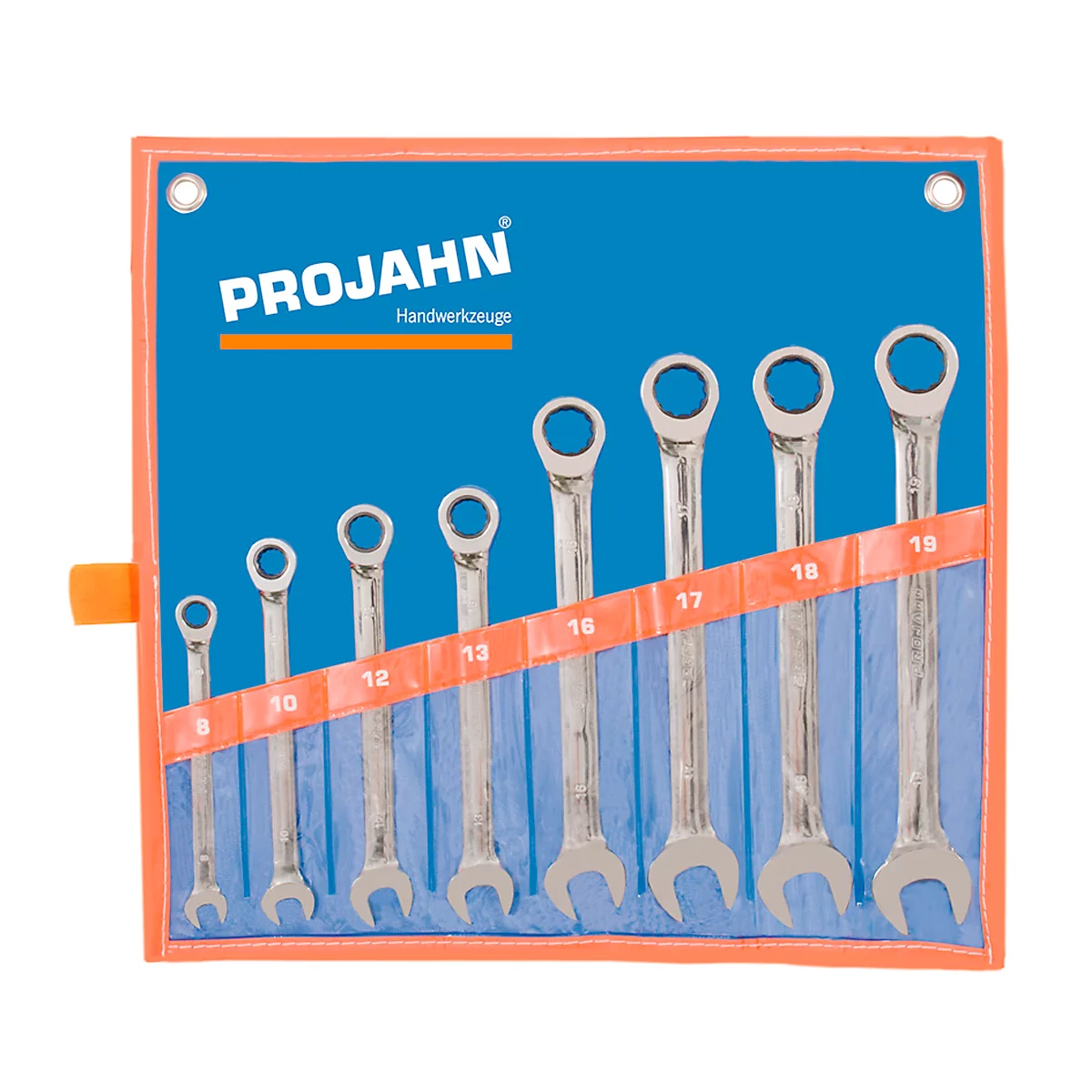 Ratelsleutel-set Projahn GearTech, 8-delig, metrisch 8-19 mm, zonder omschakelknop, 72 tanden, in foedraal