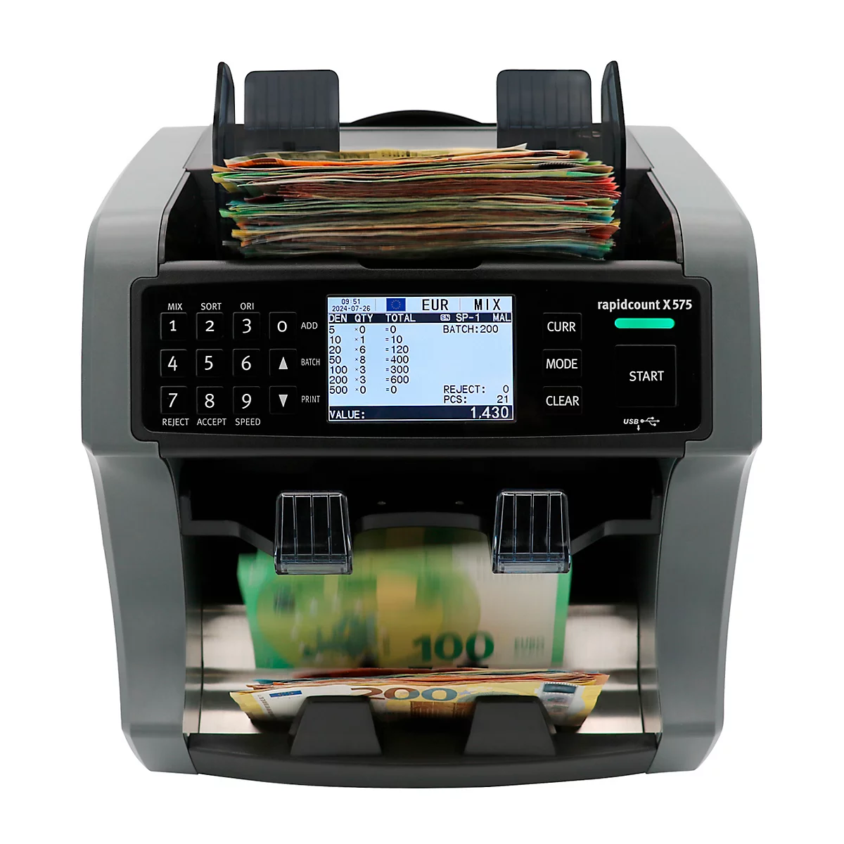 Grauer Banknotenzähler mit Geldscheinen im Ein- und Ausgabefach und Anzeige auf dem Display.