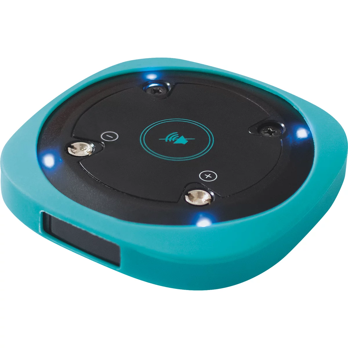 Türkisfarbener, quadratischer Puck mit schwarzer Mitte, Lautsprecher-Stummschalt-Symbol und leuchtenden blauen LEDs.