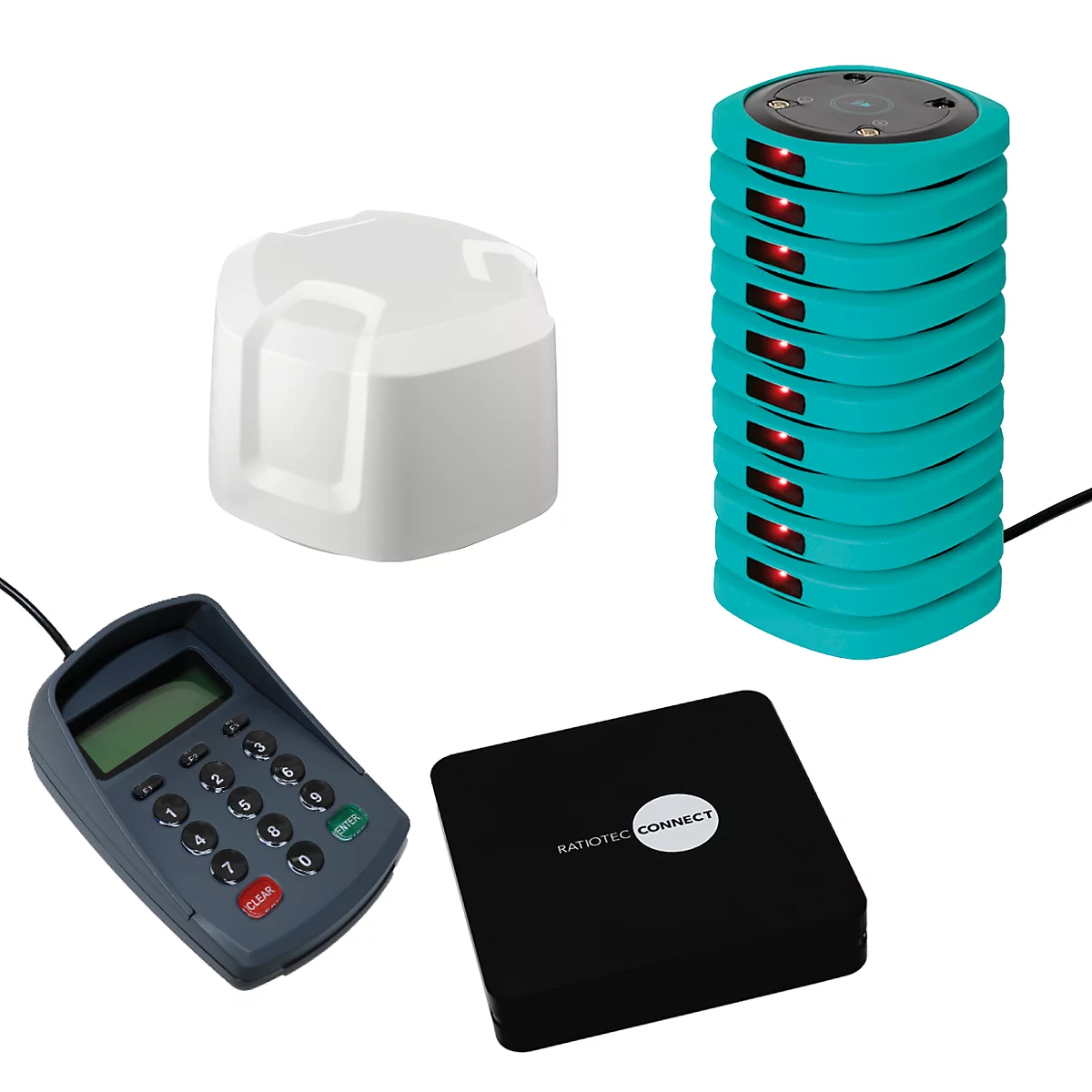 Ein System aus türkisem Pager-Turm, weißem Gehäuse, Tastenfeld und schwarzer Basisstation mit Aufschrift Ratiotec Connect.