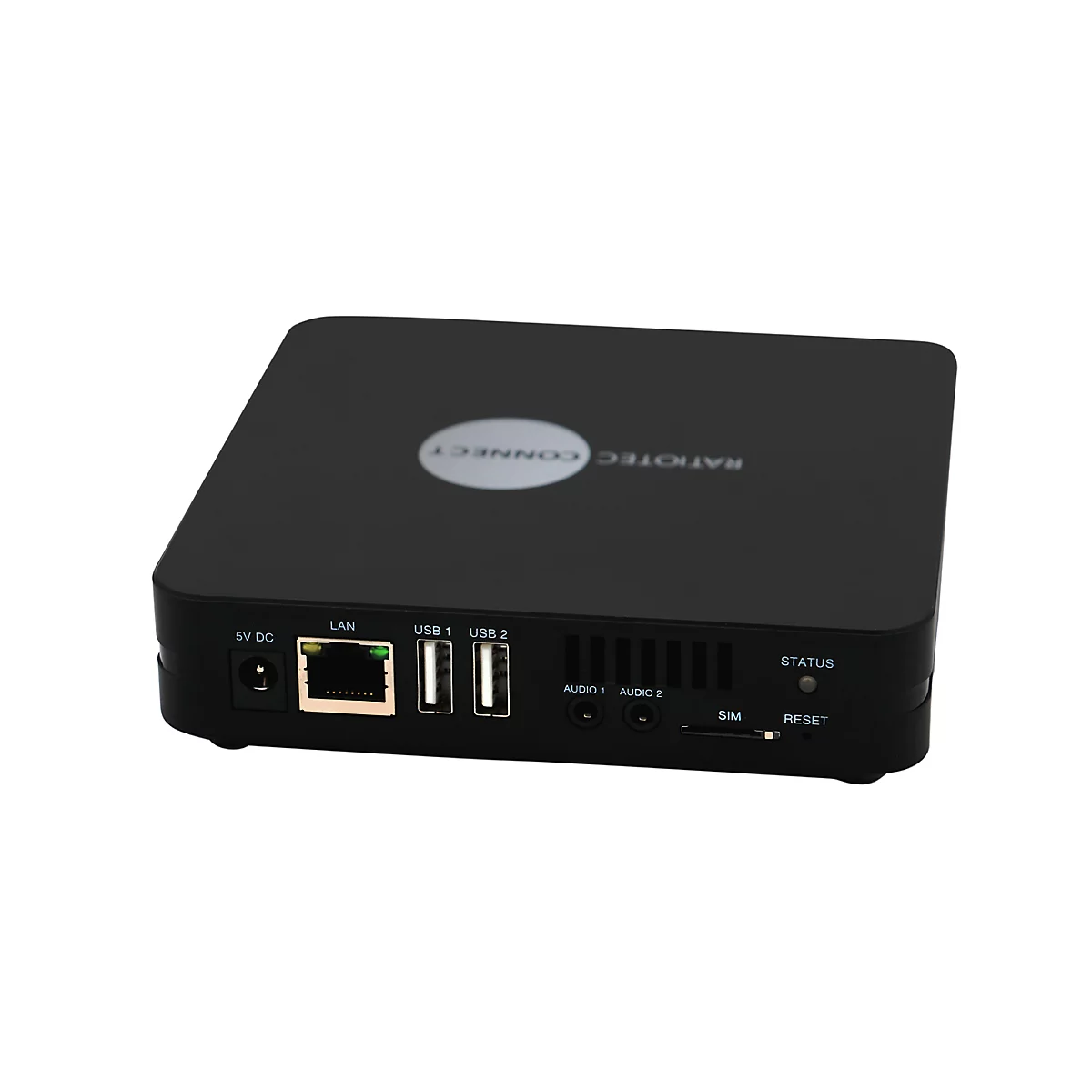 Schwarze Ratiotec Connect Box mit verschiedenen Anschlüssen auf der Rückseite vor weißem Hintergrund.